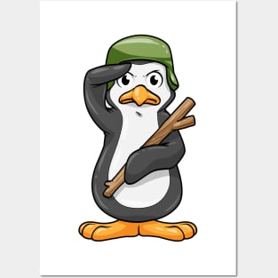 Penguin as soldier with helmet and military salute Posters and Art